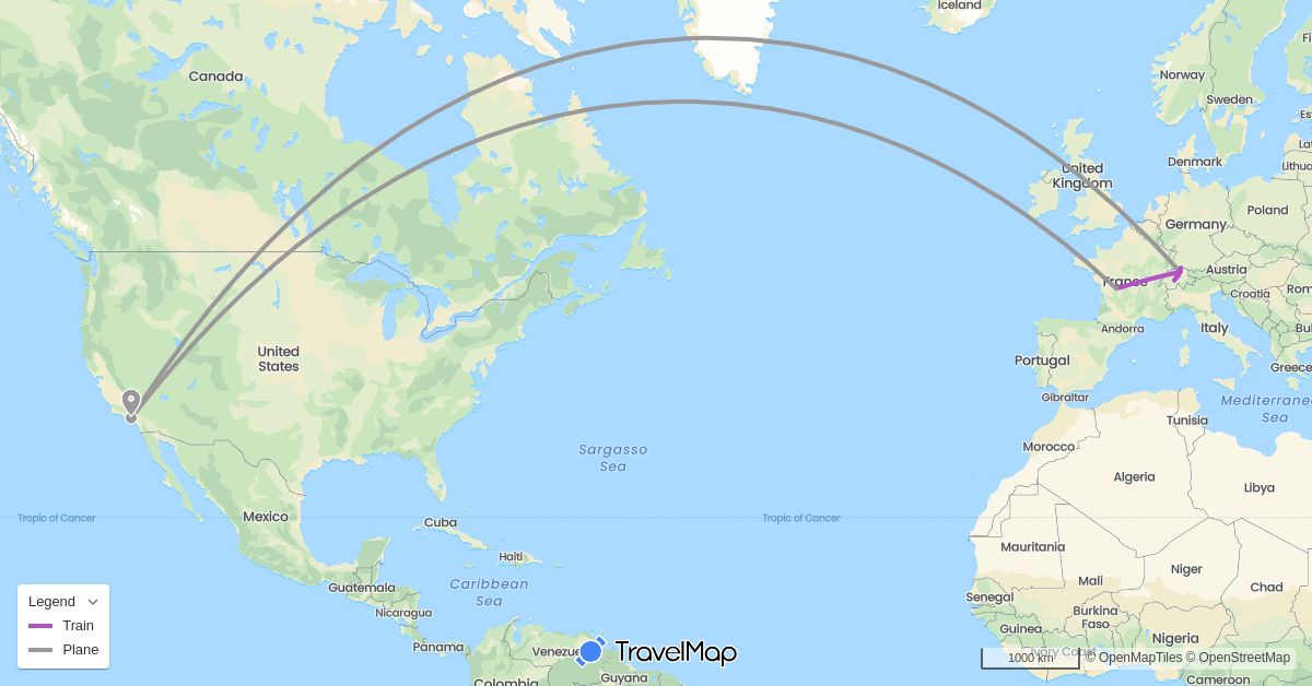 TravelMap itinerary: driving, plane, train in Switzerland, France, United States (Europe, North America)